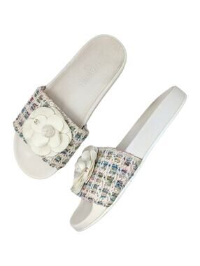 Chanel Camellia Tweed CC Logo Slide Rainbow White Rubber Pool Sandal 38 | 7.5